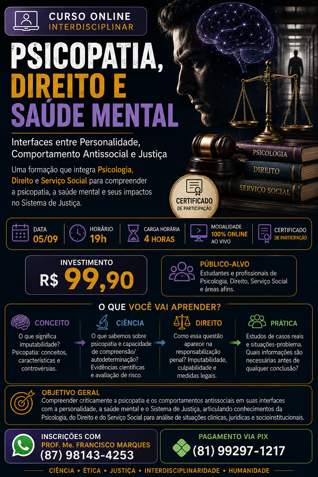 CURSO ONLINE INTERDISCIPLINAR Psicopatia, Direito e Saúde Mental Interfaces entre Personalidade, Comportamento Antissocial e Justiça